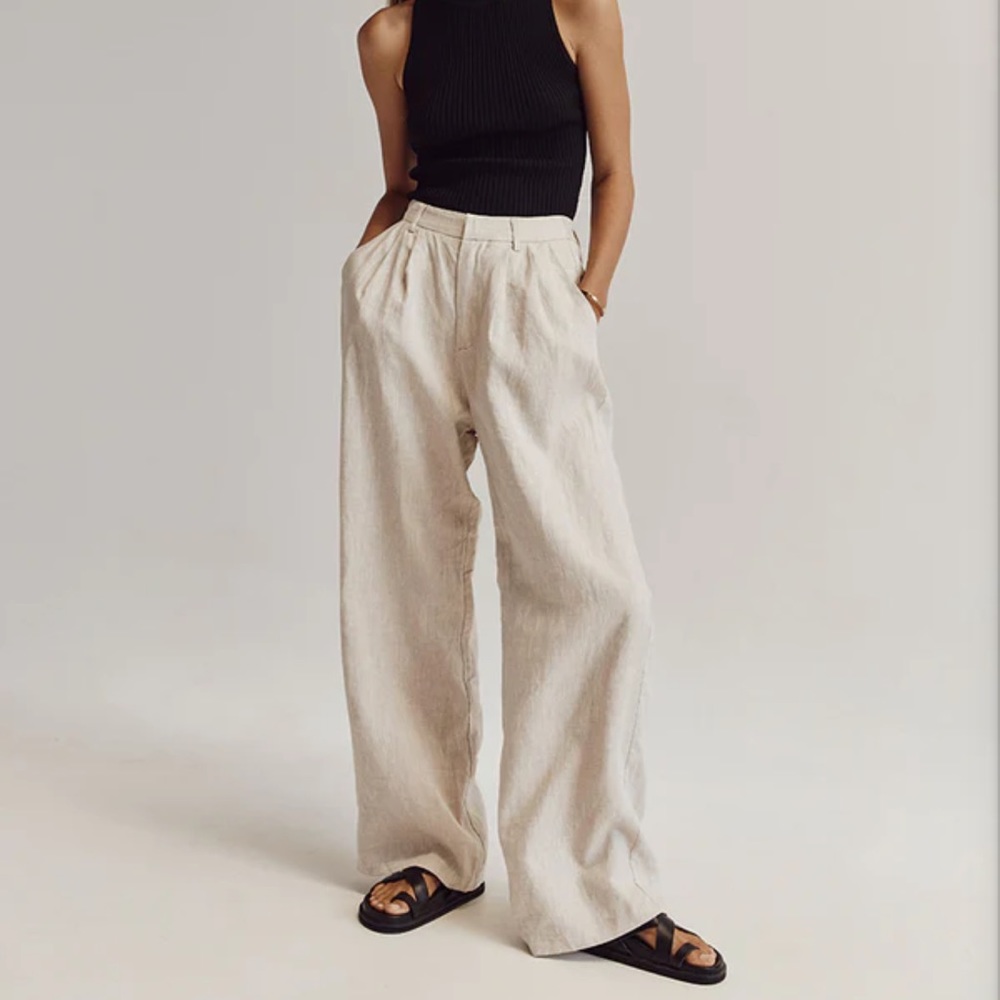 DISSH Wide Leg Pleated Linen Blend Trousers in Light Beige